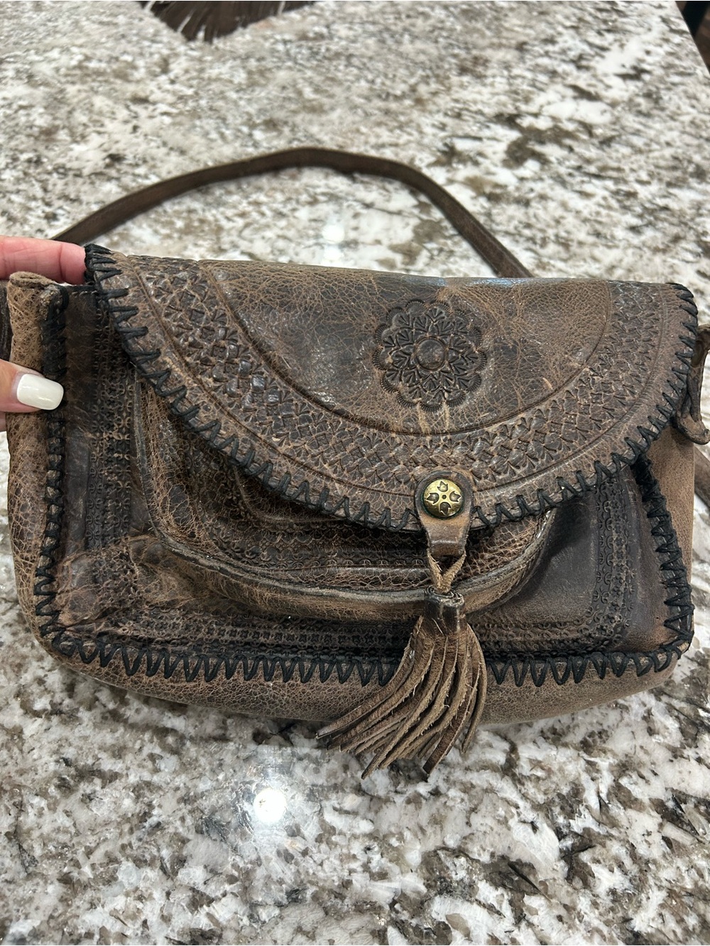 Patricia Nash Distressed Brown Leather Crossbody with Tassel